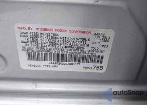 2014 Mitsubishi Outlander Es from USA, damaged, VIN JA4AD2A32EZ006697
